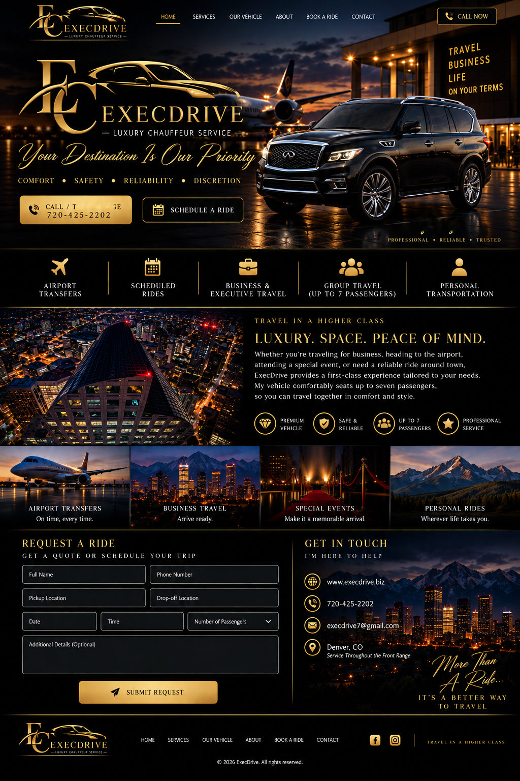 ExecDrive Denver luxury chauffeur and executive transportation service featuring a black Infiniti SUV, airport transportation, business travel, scheduled private rides, Denver skyline and Colorado Front Range service.